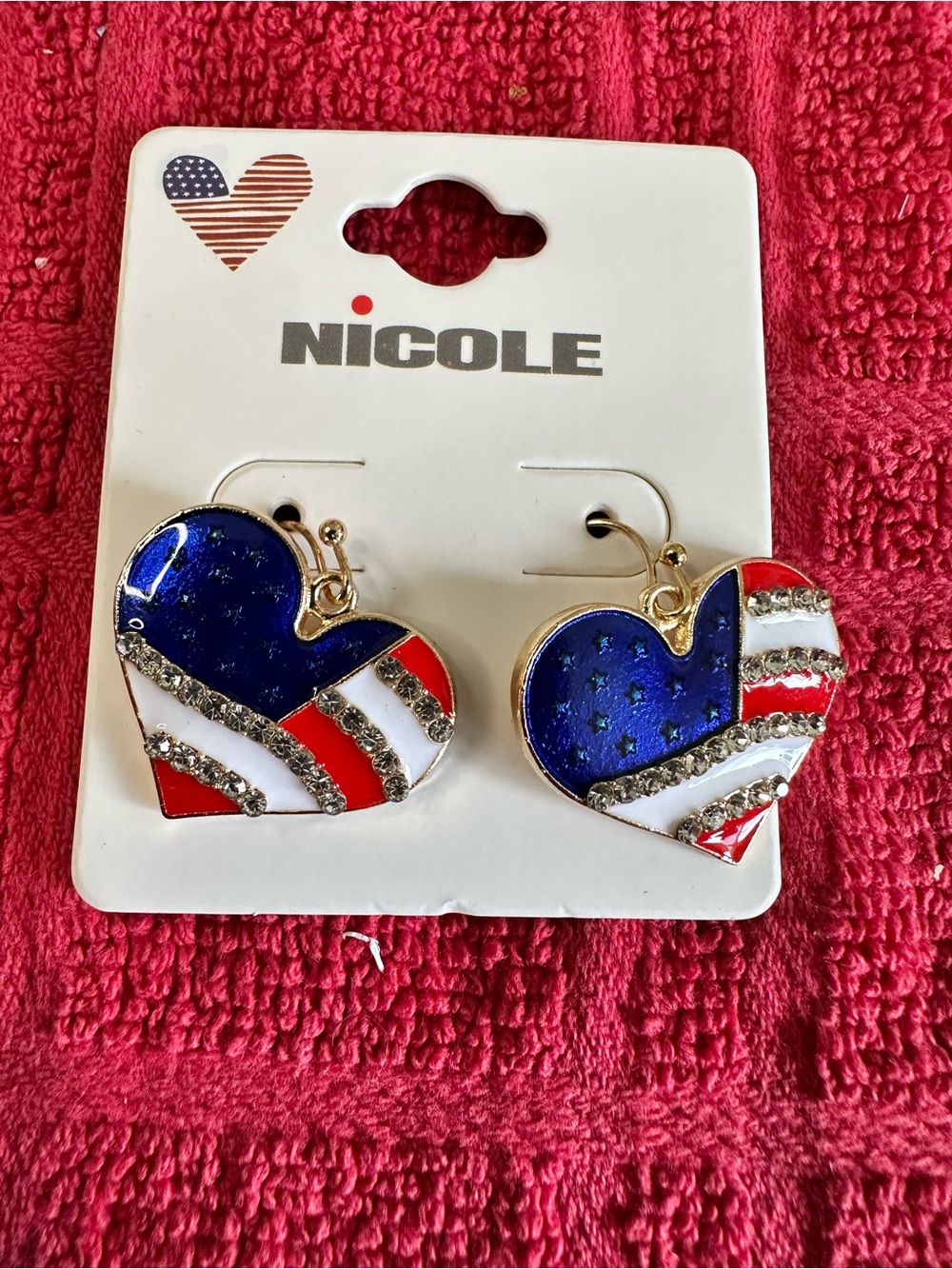 Nicole Patriotic Heart Dangle Earrings - Blue Red White with Rhinestones
